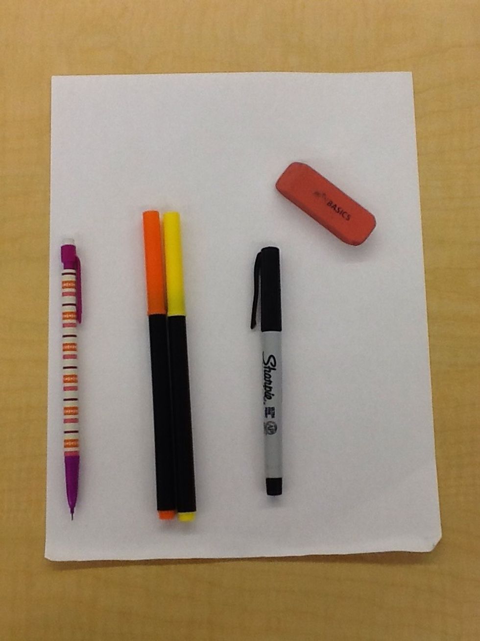 The the supplies you will need are: 1. Piece of white paper 2. A pencil 3. A big eraser 4. Yellow and orange markers 5. Fine point Sharpie