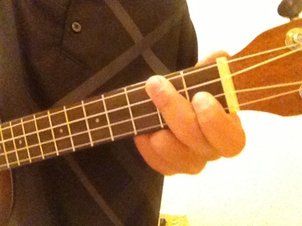 The third chord is F. Place your middle finger on the 2nd fret on the first string. Then put your pointer finger on the first fret on the third string.