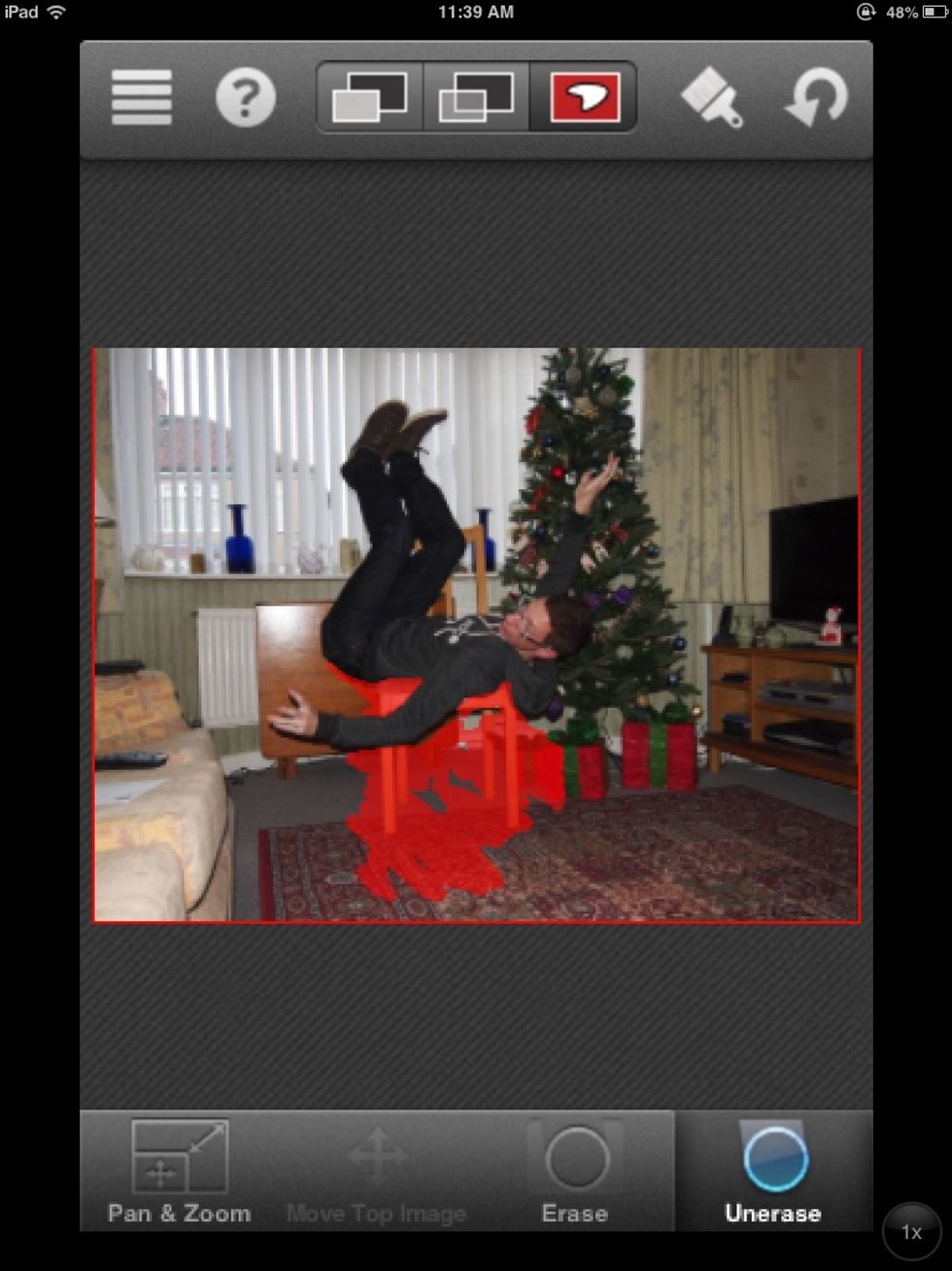 The third top button shows your brush strokes so you can see where you have been and what you have erased. Here I am erasing the chair, the base image is below and that is all that will be seen.