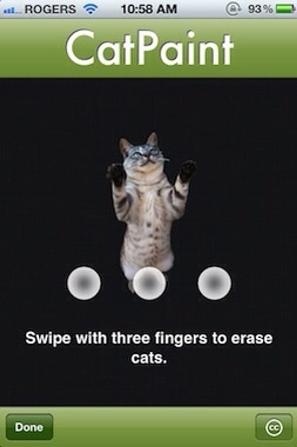 The three finger swipe will erase cats one at a time. There is a satisfying sound when a cat is deleted.