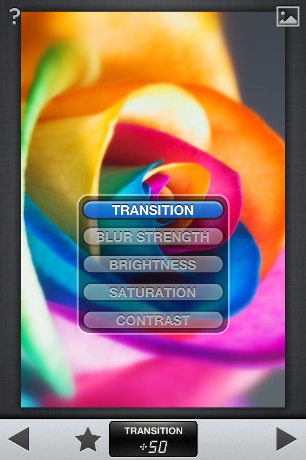 The Tilt-Shift menu. Transition changes the area of the focus point.