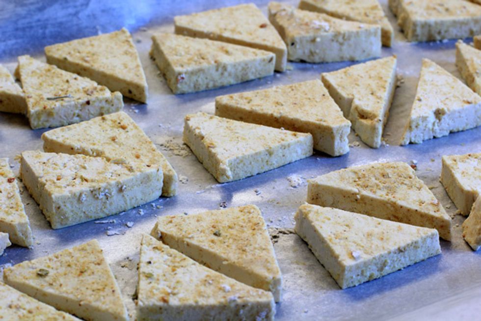 The tofu should look like this right before baking. Place the baking sheet in the bottom third of the oven. Bake tofu for 30-35 or until crispy.