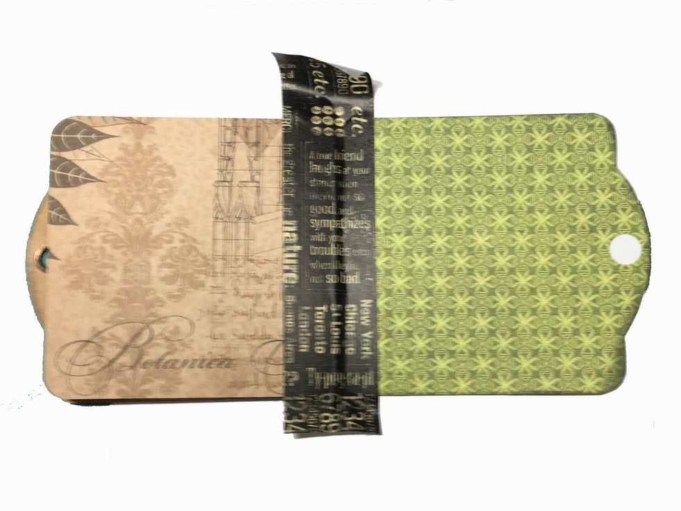 The traced tag will be the back cover of the mini. Attach it to the back of the mini with washi tape, the same way as we did the front cover.