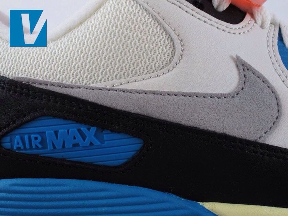 The trademarked Nike swoosh is both carefully and immaculately stitched onto most pairs of Nike Air 90 shoes. When inspecting the photo, ensure it is not glued on or stitched to a poor standard.
