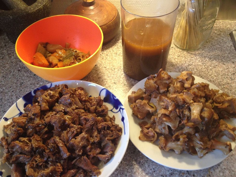 The veggies have given all their taste to the gravy and are going in the bin. Skim fat of the gravy. Bones in the bin, meat in the gravy.