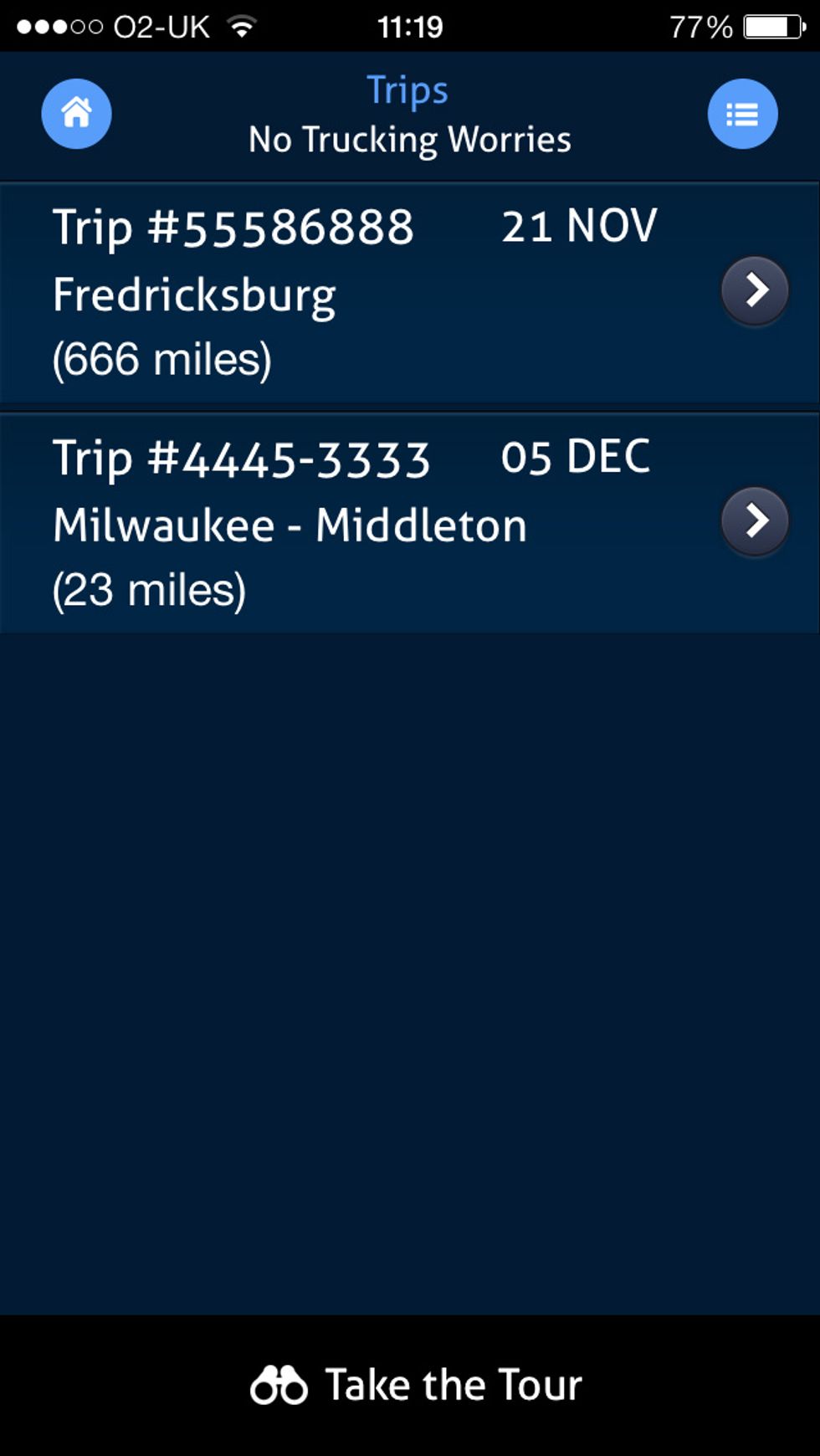 The view all trips screen takes you to the list of trips assigned to you, as the driver. To view the details of a trip, simply tap the relevant trip.