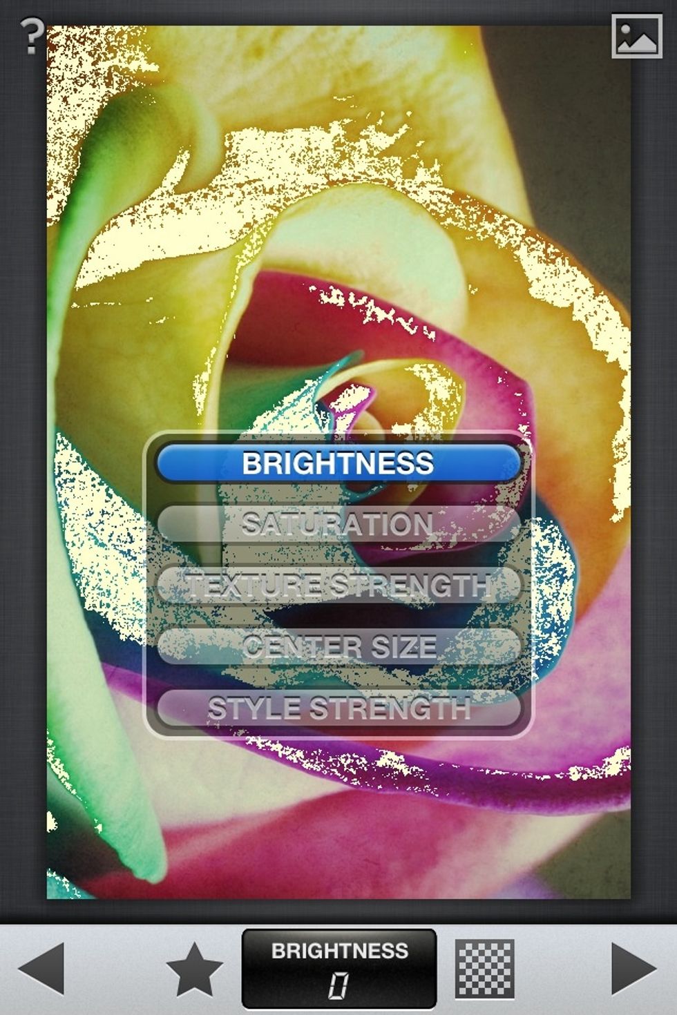 The Vintage menu. Texture Strength adjusts yellow speck amount, and style strength shows different vintage options.