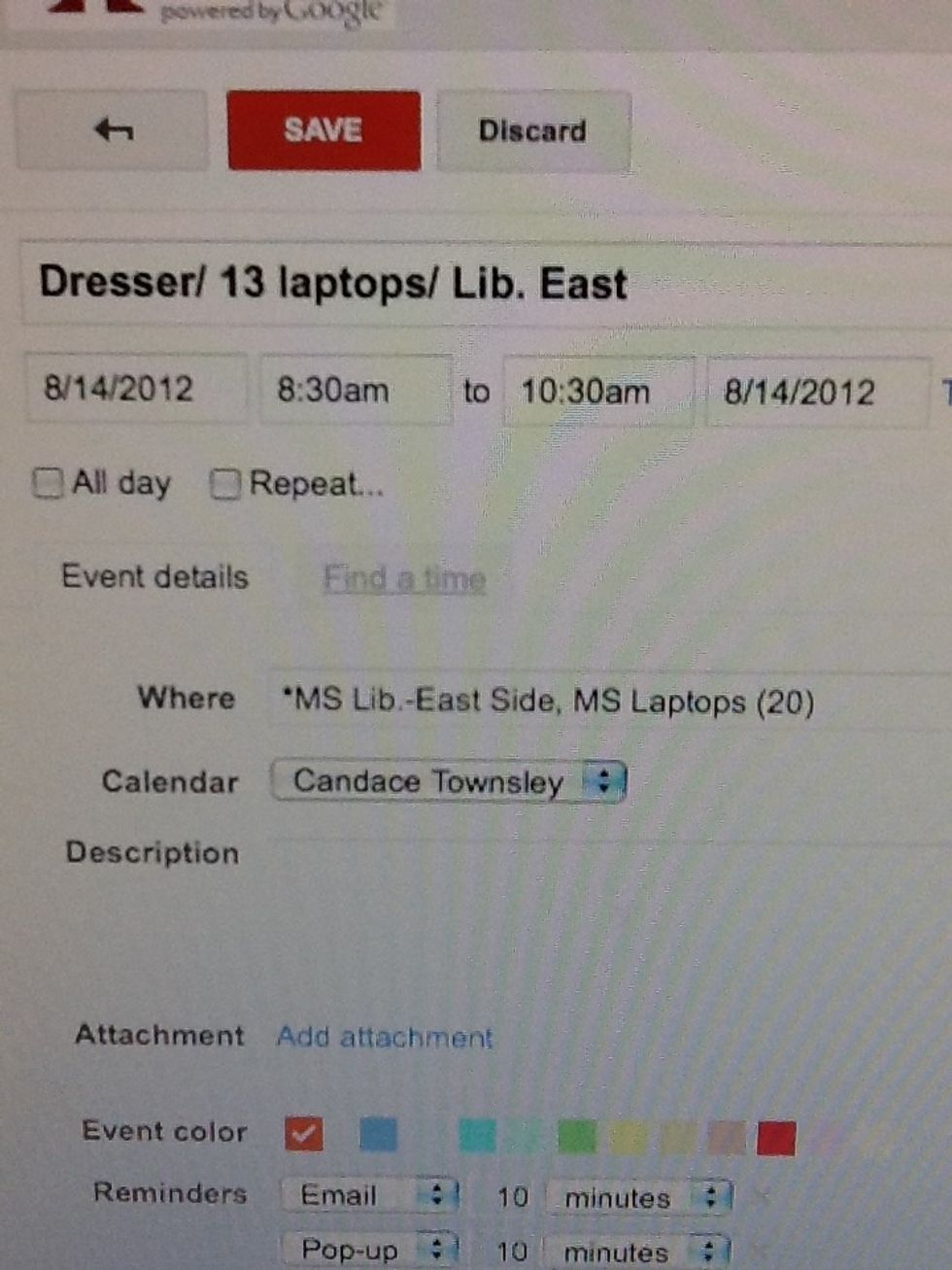 The where section of her reservation now shows the laptops and the area reserved.