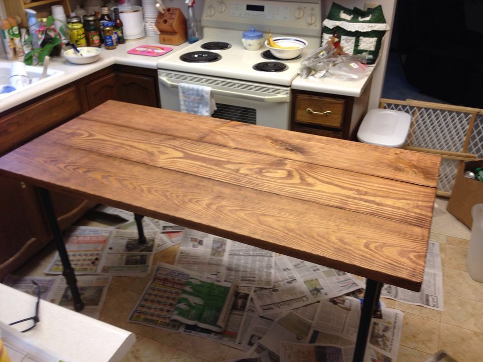 The wood will I soak up the stain really quickly. I only used one coat because I liked the way the scratches in the wood held the stain.