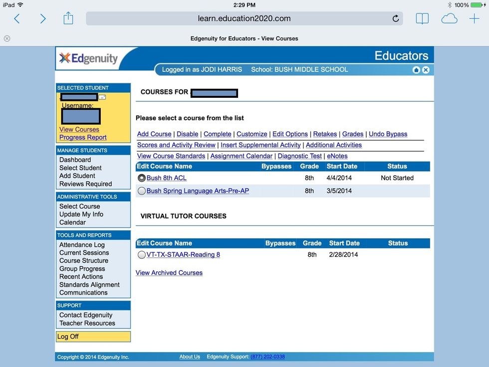 The yellow on the left shows which student you picked.  Click the bubble by the kids's course and click edit options.