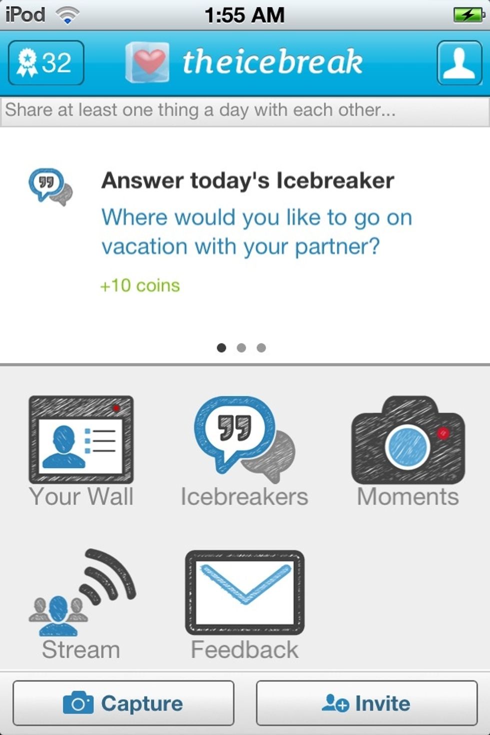 TheIceBreak allows you text, answer questions (good for conversations and getting to know each other even more!) and share pics. It's fun because each task per day has points for happiness levels. :)