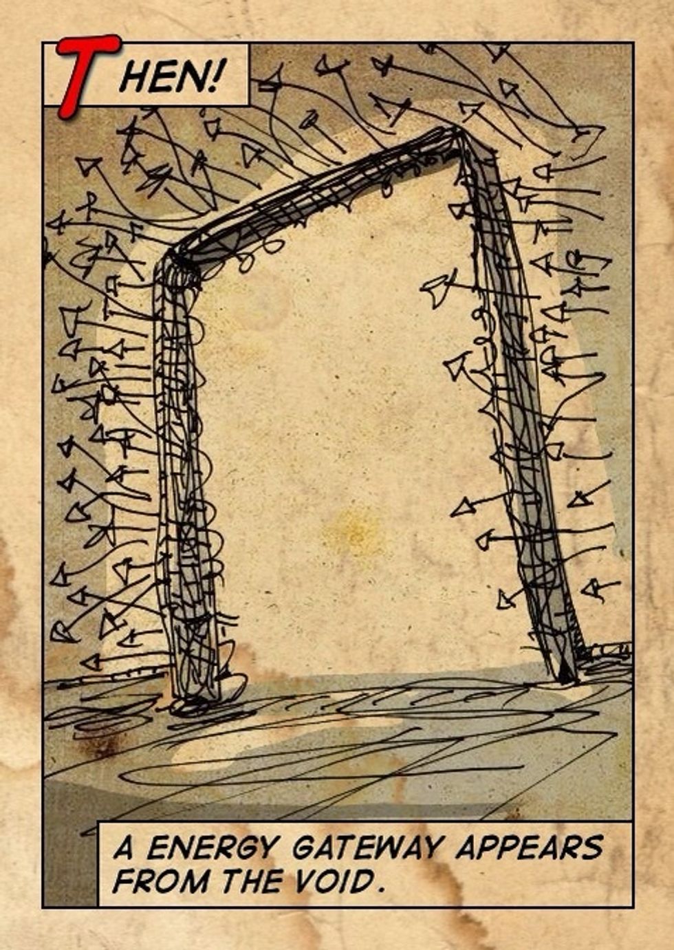 Then, a energy gateway appears from the void.