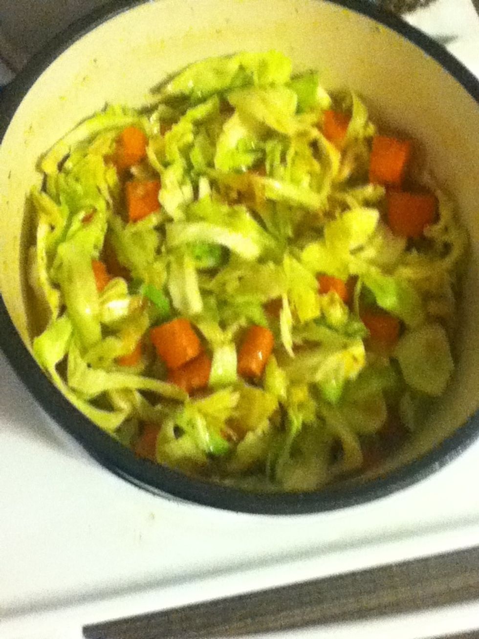 ...then a good cup and a half of water, and stir well. Cover and simmer until those veggies are nice and soft. This will take a while, which you should use to give your sweetie a foot rub.