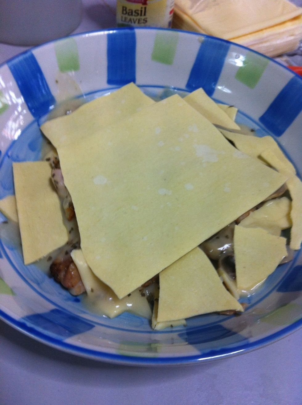Then a layer of pasta, I crush them up cause I have a round bowl