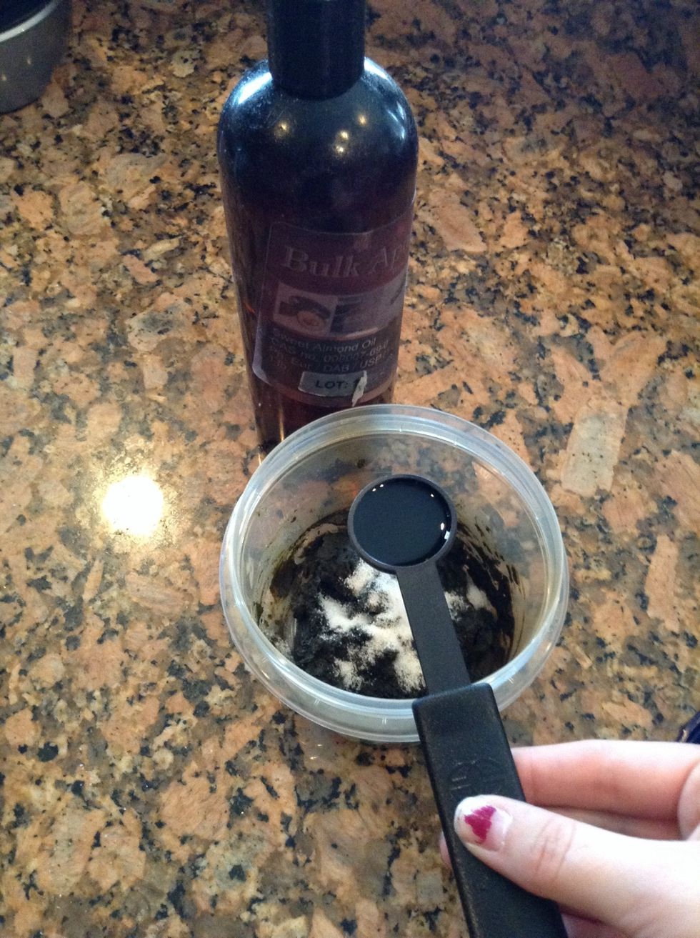 Then add 1 teaspoon of an essential oil, I use almond oil or lavender.