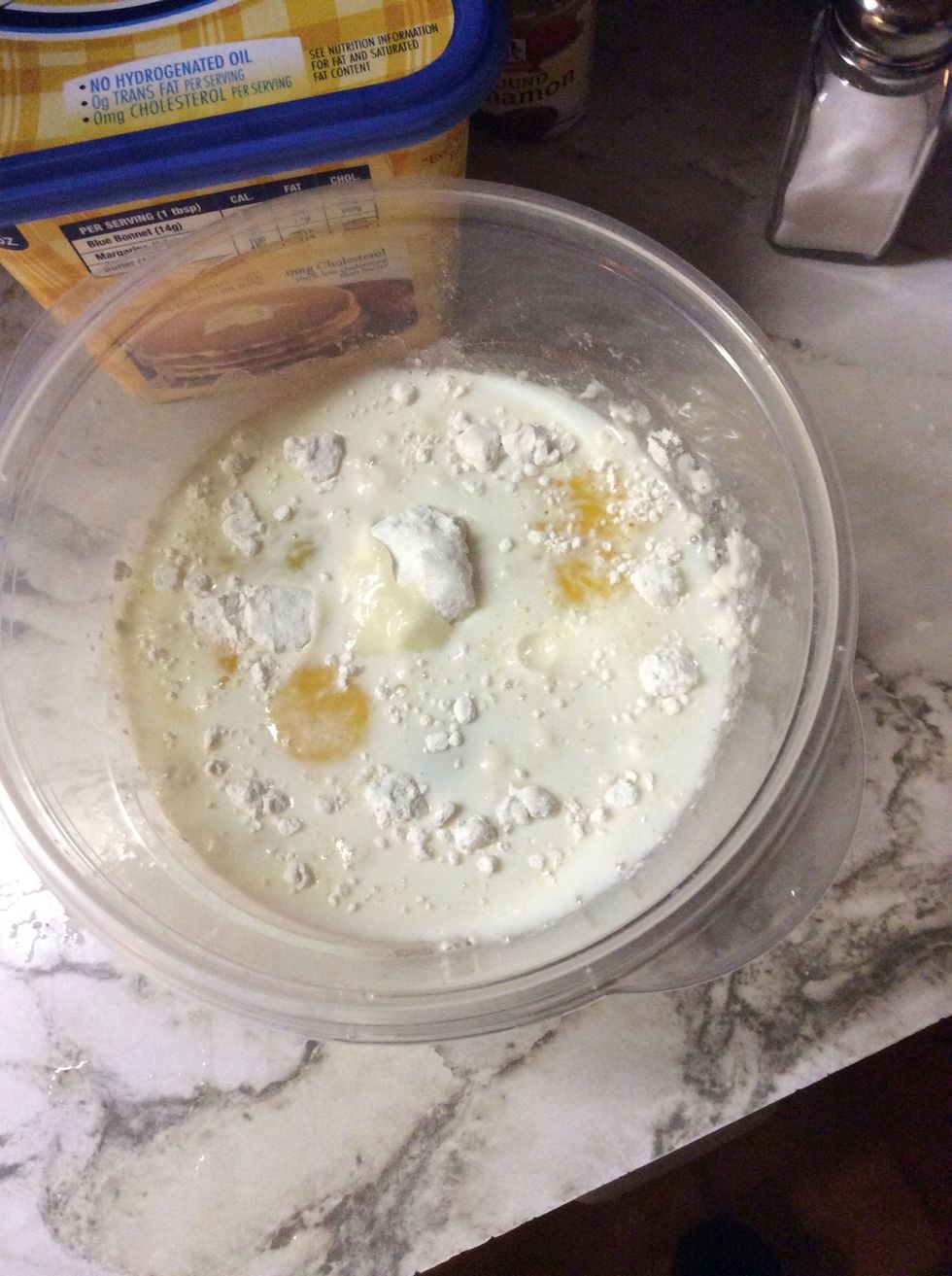 Then add 2 eggs and 3/4 cups sugar