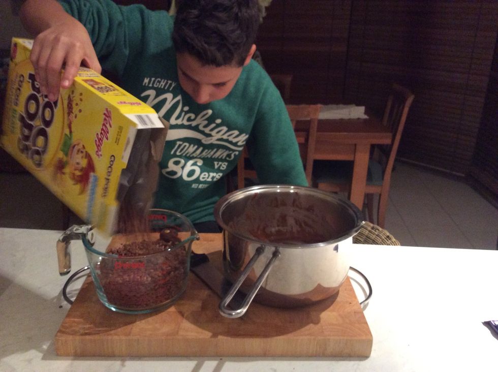 Then add 4 cups of rice bubbles