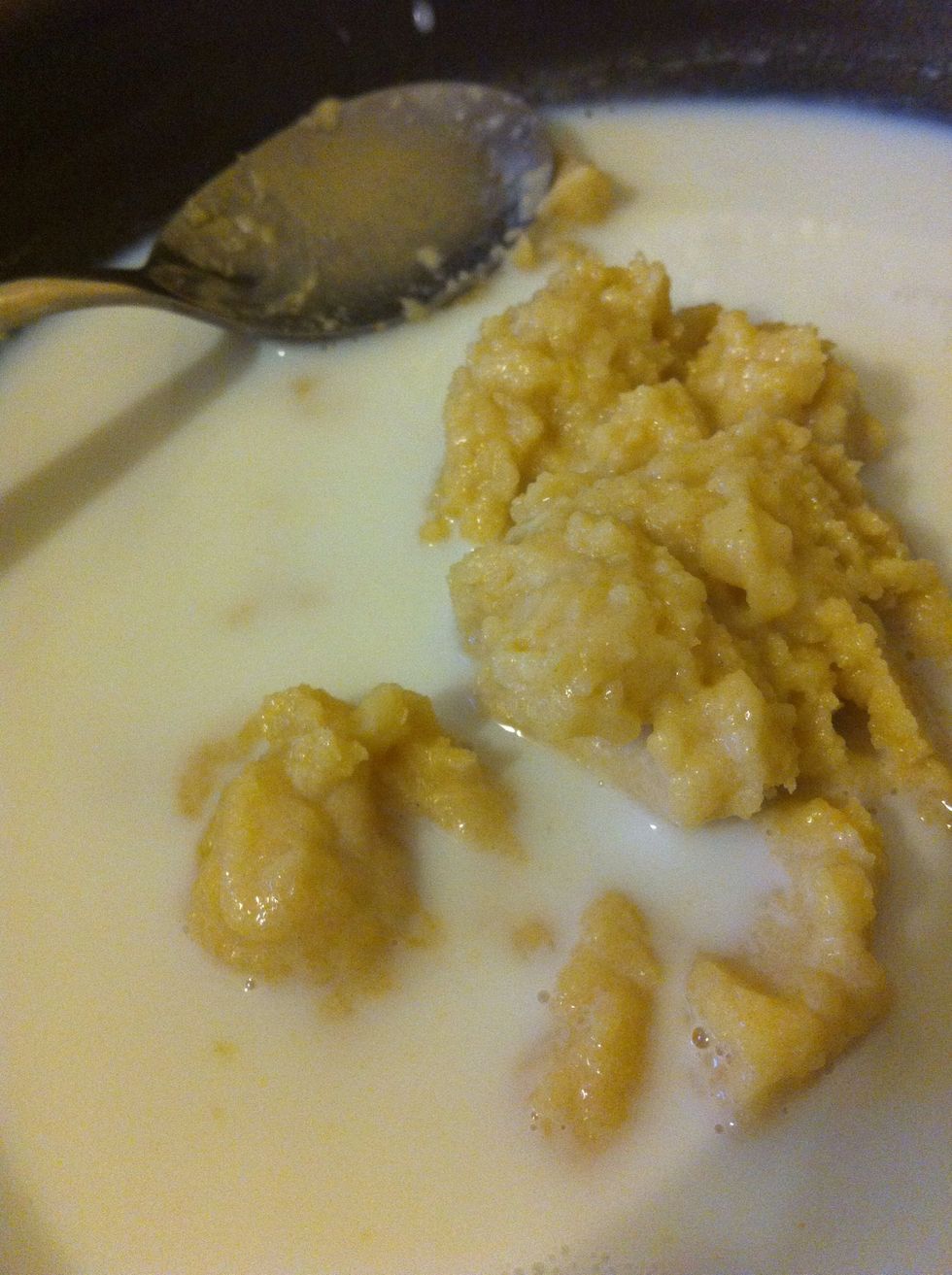 then add 500ml of milk a bit at a time. Otherwise it will go lumpy.