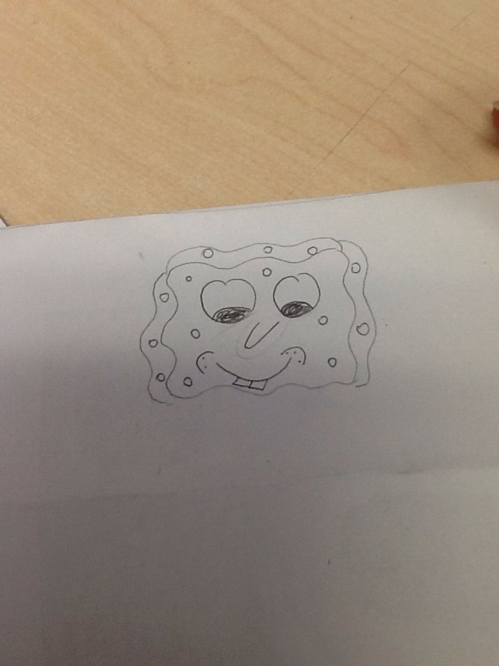 Then ,add a mouth with 2 teeth out words and two cheeks beside the mouth also add sponge bobs pores