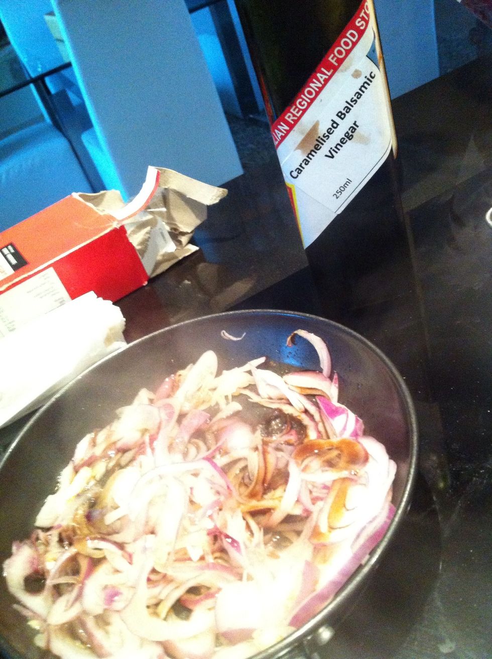 Then add balsamic vinegar stir then continue cook till onion caramelize