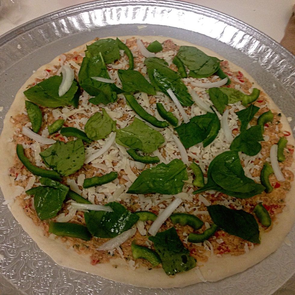 Then add: bell pepper, onions, and spinach