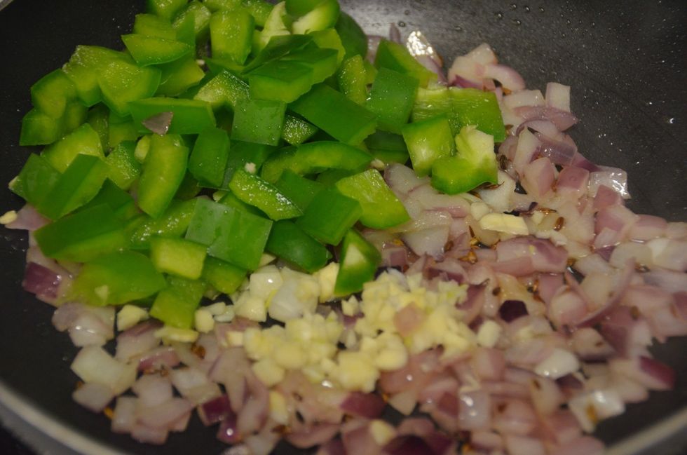 Then add capsicum and garlic and saut\u00e9 again.