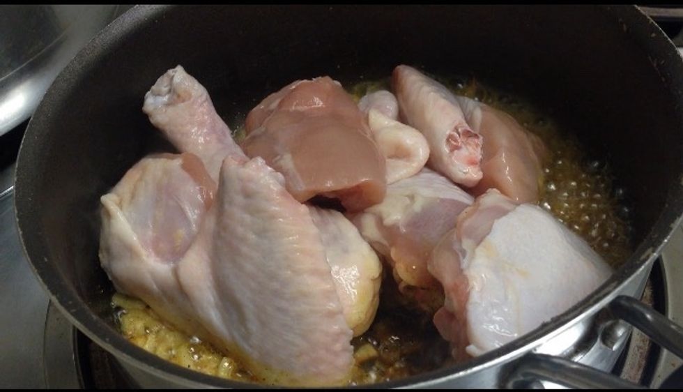 Then add chicken. You also can use: beef or lamb, and it's the most use for this recipe, but I prefer chicken which gives a gods taste and flavor.