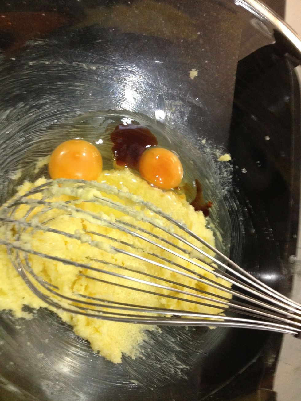 Then, add eggs and vanilla.