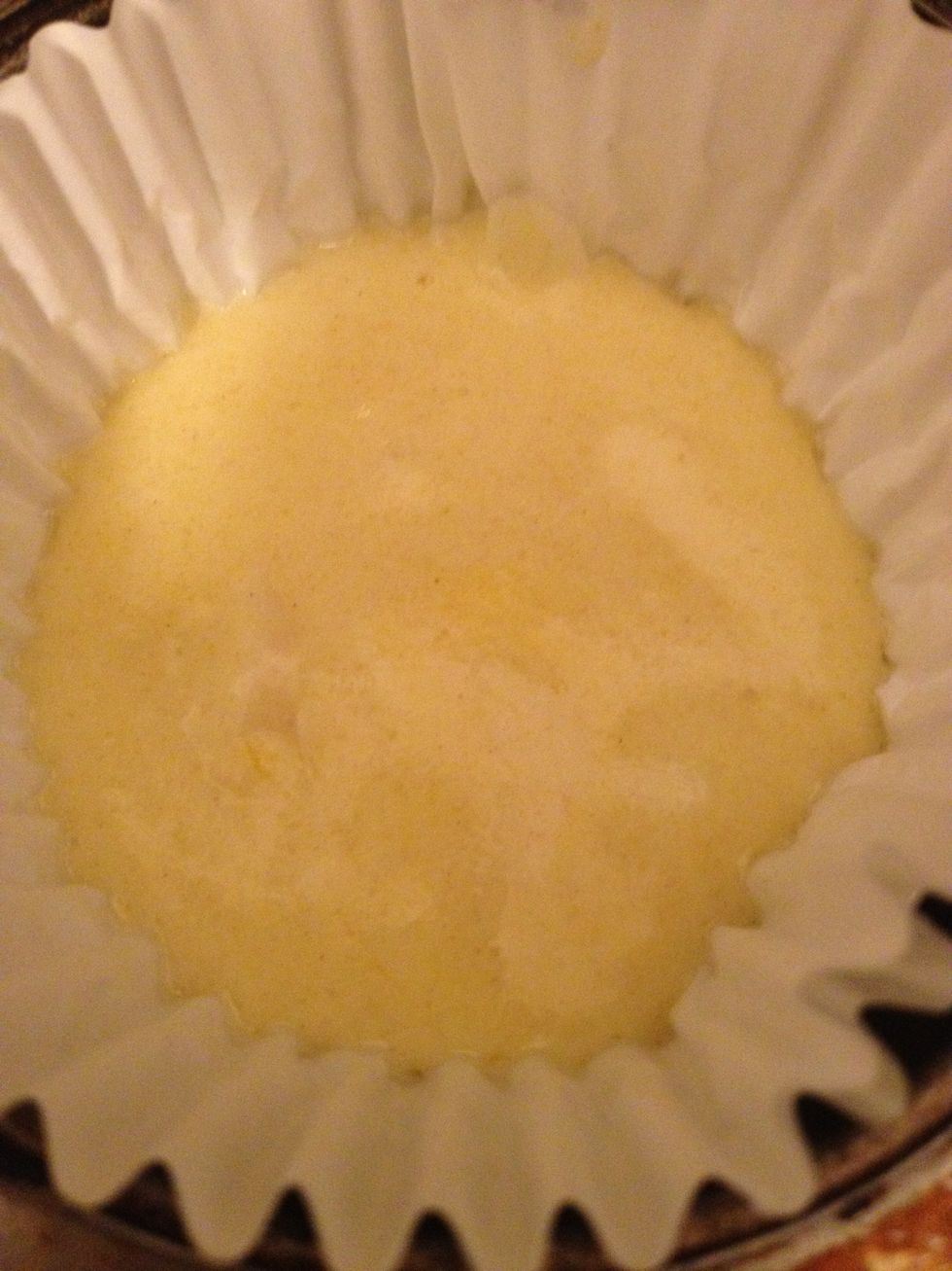 Then add flour and mix. You can also add a couple drops of vanilla if desired. The recipe doesn't call for it though. Put one tablespoon of batter into each baking cup. Bake at 325 in till cooked!