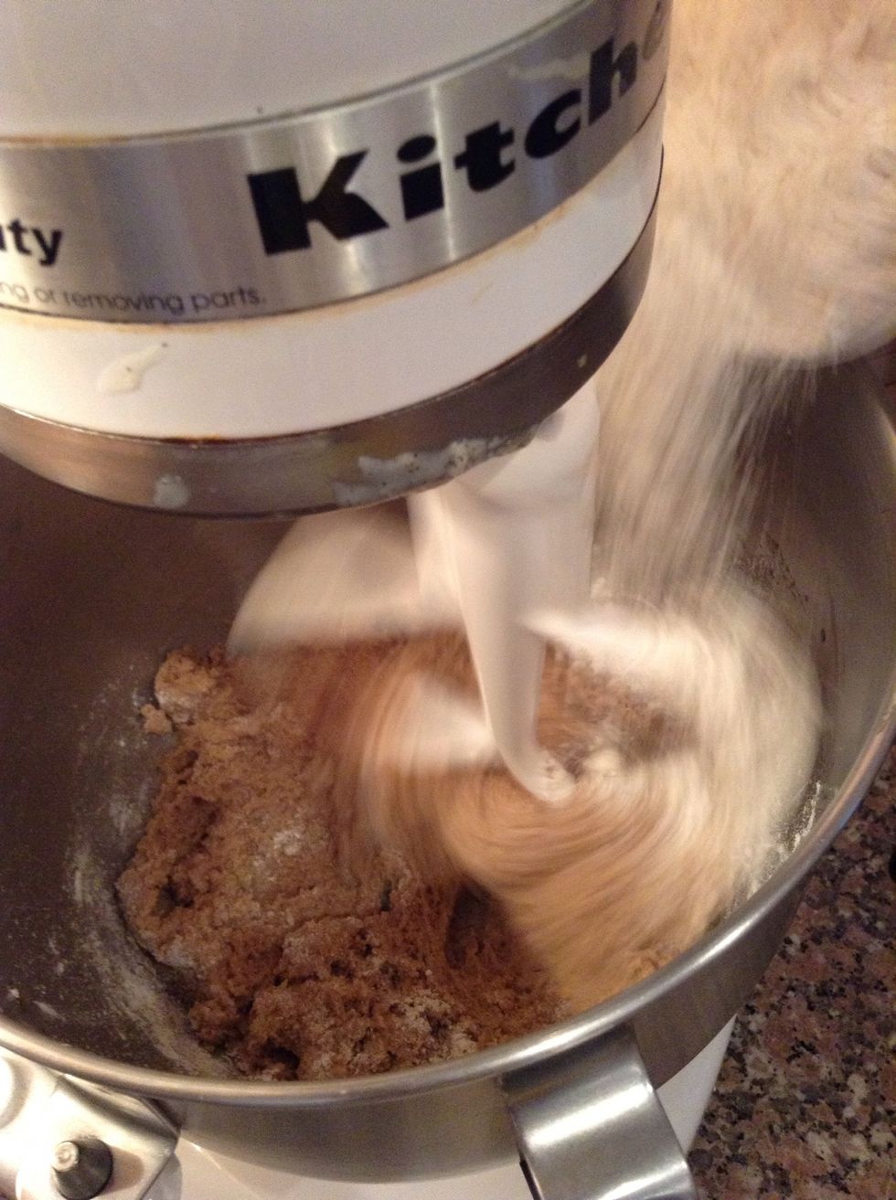 Then add flour and salt. Mix until everything has just combined.