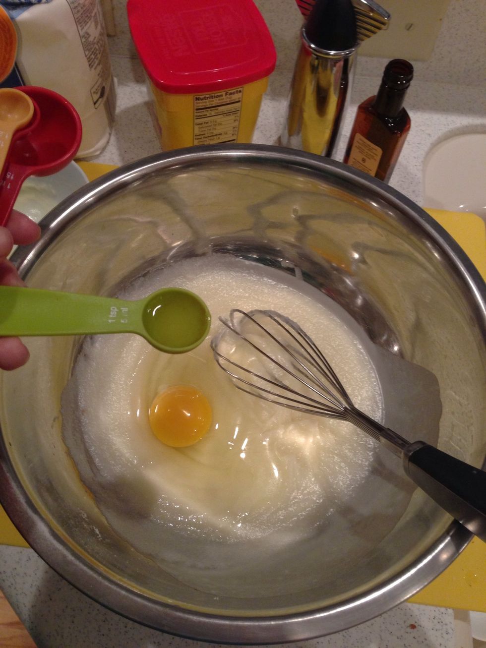 Then add in an egg and vanilla extract