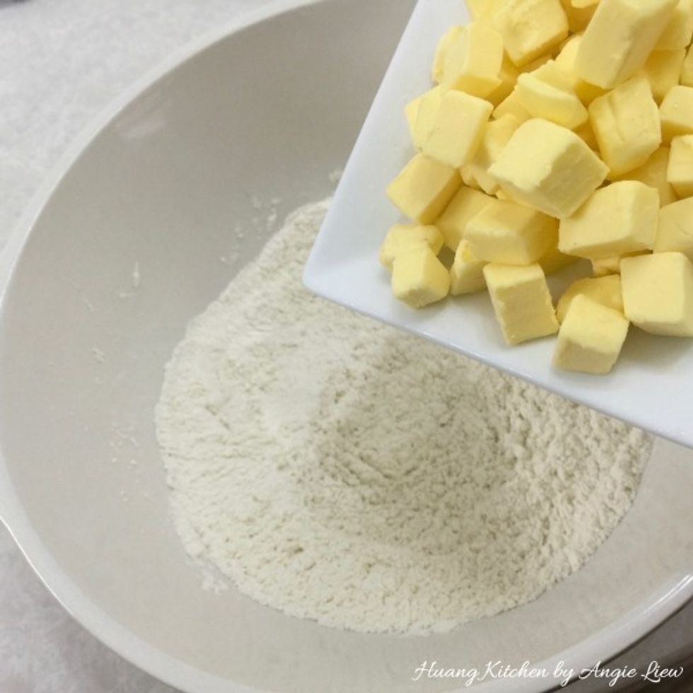 Then add in COLD butter. Be sure to cut the butter into cubes and let chill in refrigerator before use.