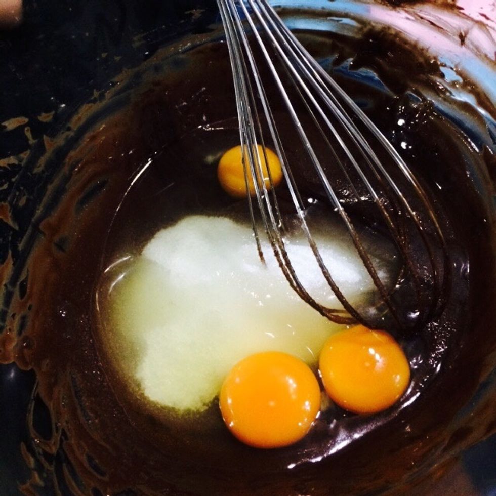 Then add in eggs, sugar and vanilla.