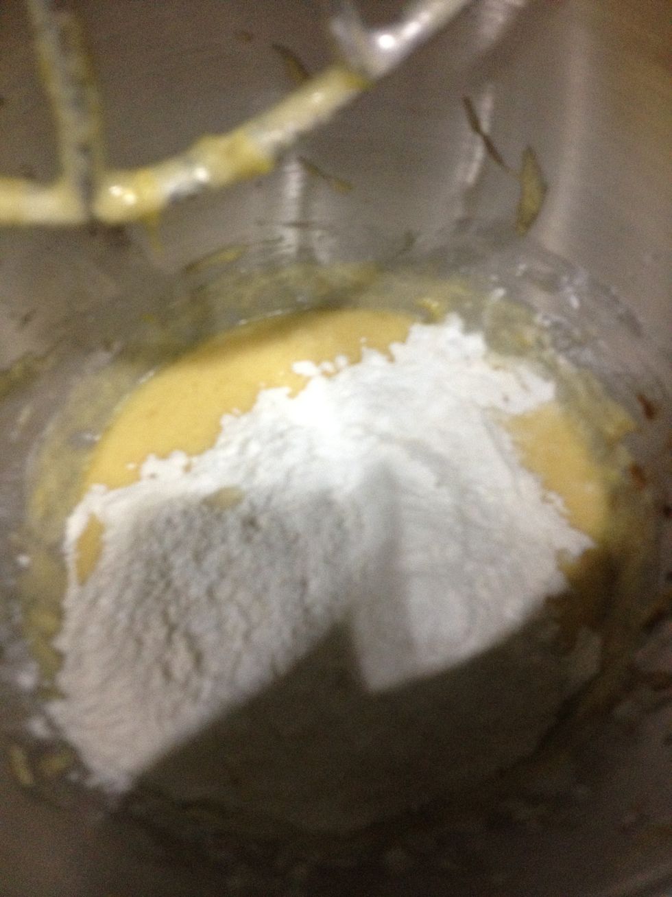 Then add in flour, baking powder, baking soda and salt on low speed only until combined.