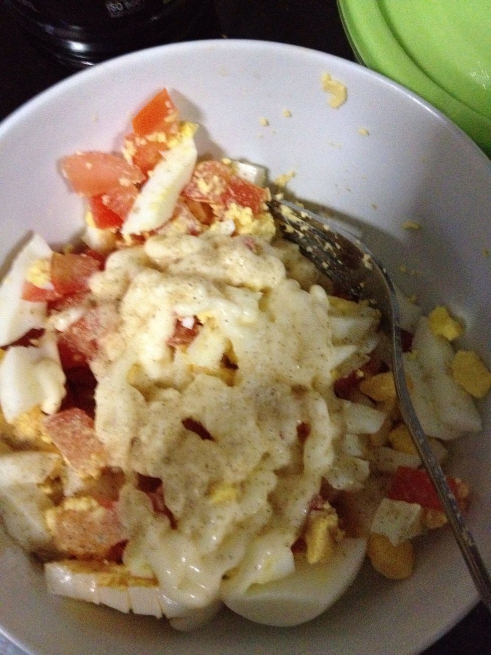 Then add in mayo, salt and pepper