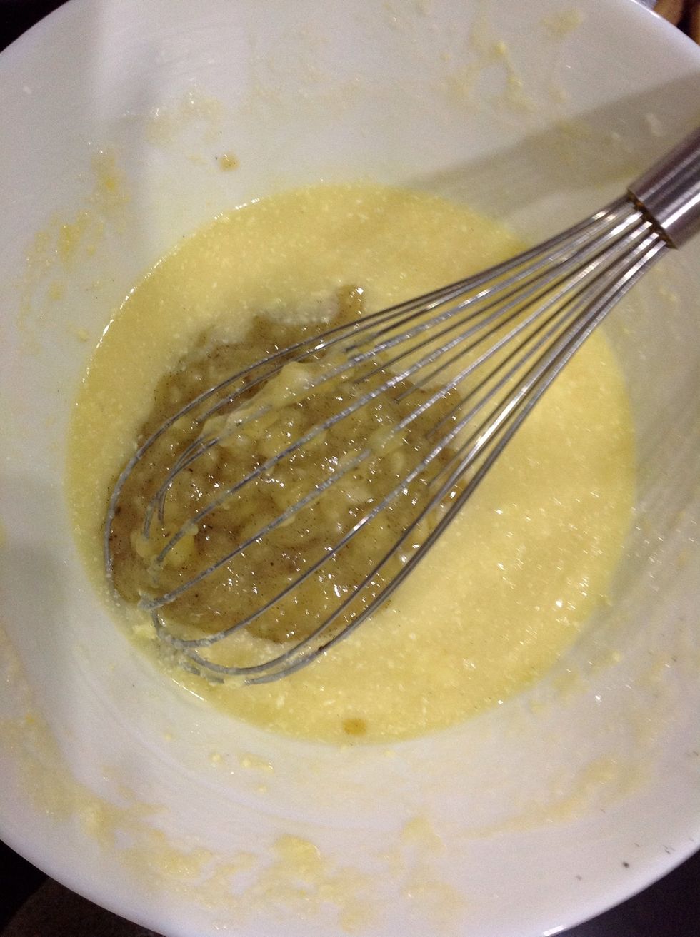 Then add in the banana mixture. (Btw, you could substitute the sour cream for yoghurt if that's easier for you - I would recommend sour cream though)
