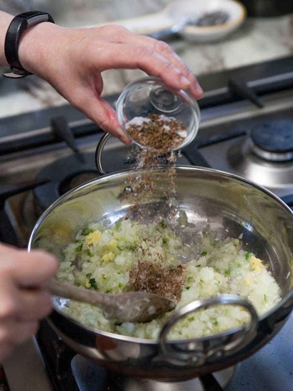Then add in the garam masala, fenugreek leaves, and salt.