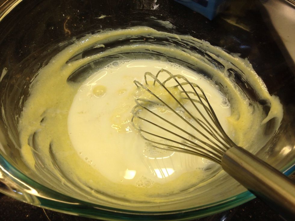 Then add in the milk. I know it's a little weird to add milk cause it's usually yoghurt or sour cream. Adding milk does give volume but keeps them light. It'll be good with the blueberry. Done!