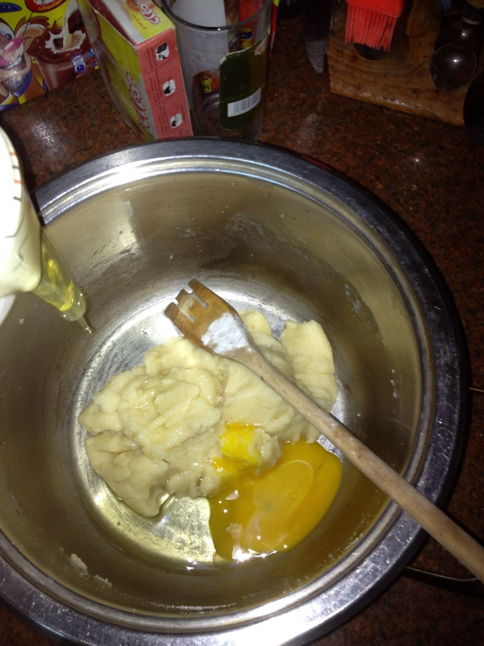 Then add one egg and stir quickly