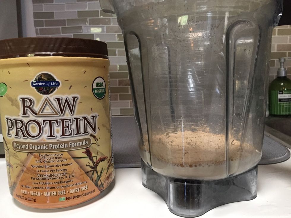 Then add one or two scoops of your favorite protein powder. The vegan protein I use is shown in the photo.