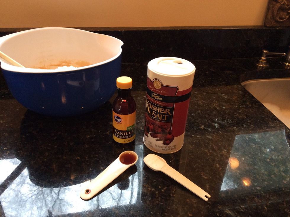 Then add one teaspoon each of vanilla extract and salt.