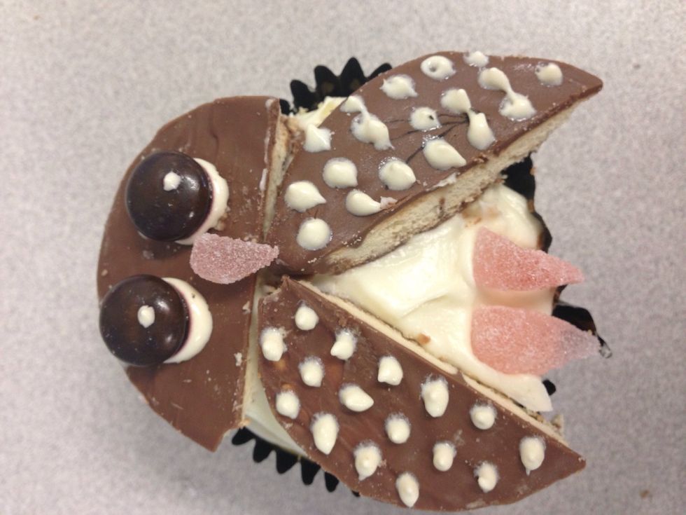 Then add small chocolate drops all over the wings and your small triangle cut outs of your orange jubes for the nose and feet using small bits of Betty Crocker icing.