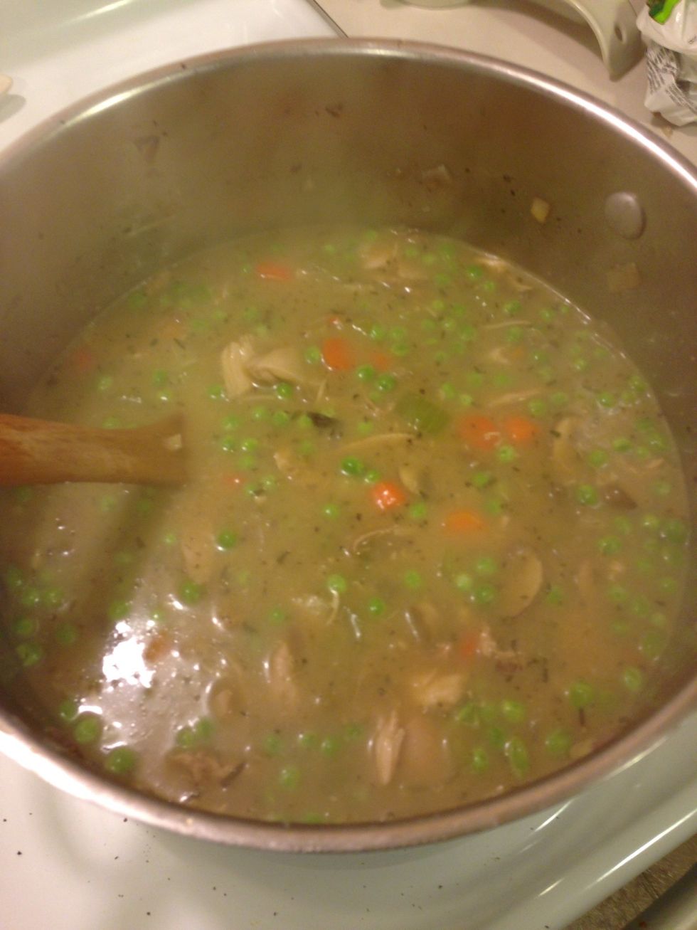 Then add soups and peas... Being to one more Boil