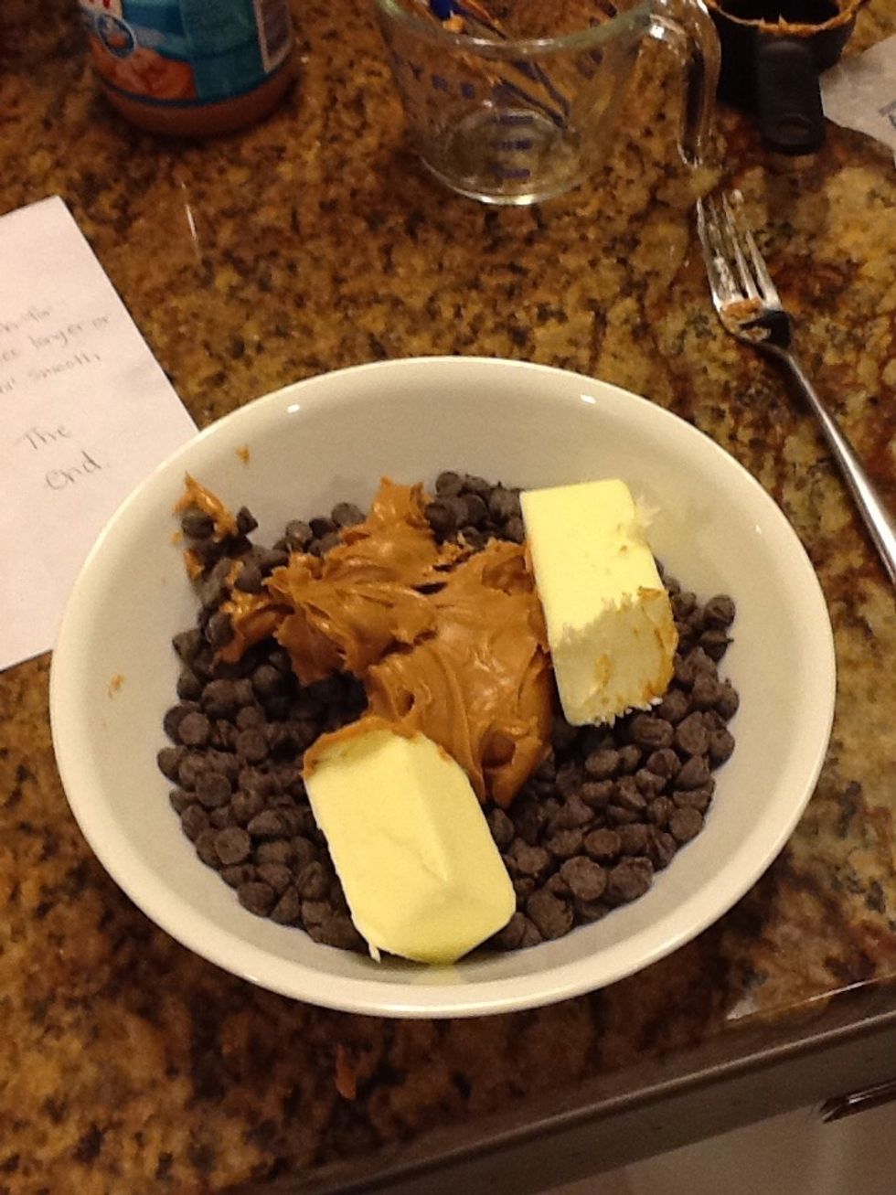 Then add the 1 cup of semi-sweet chocolate chips to a microwave safe bowl along with the 1/4 cup butter and 1/2 cup peanut butter.