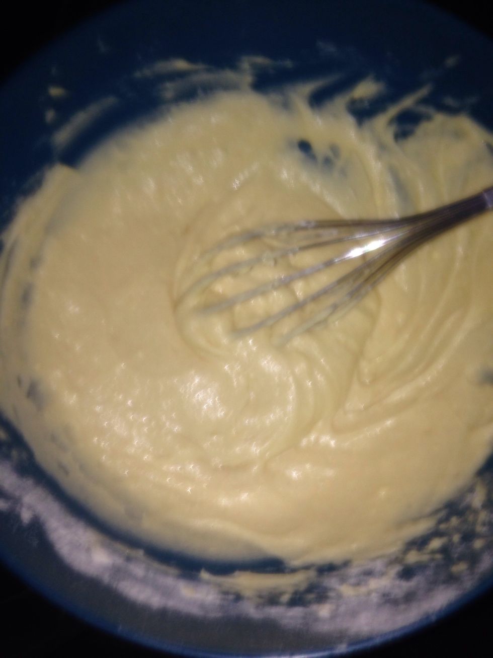 Then add the baking powder, milk, and flour and whisk together till you have a smooth batter