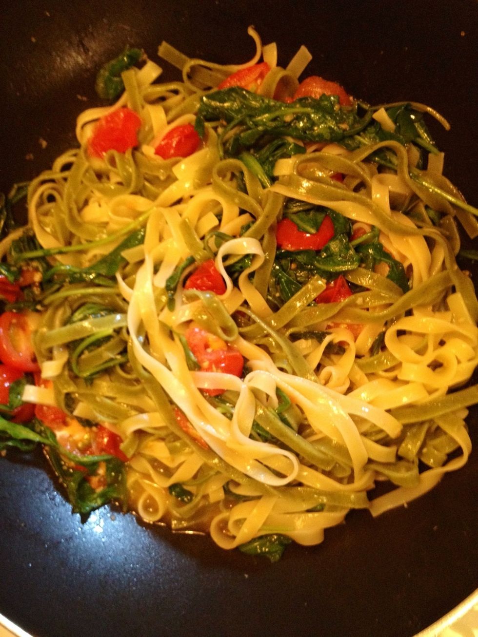 Then add the boiled pasta. The dish goes very well with pappardelle or tagliatelle.