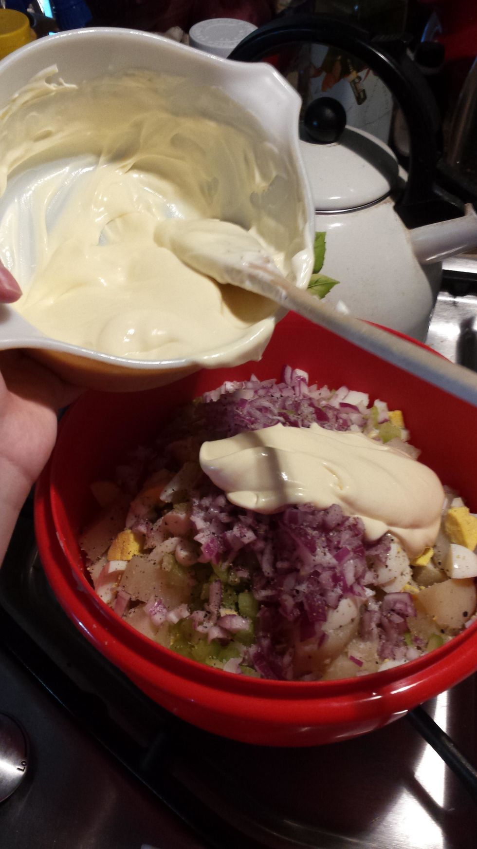 Then add the dressing to the bowl and mix.