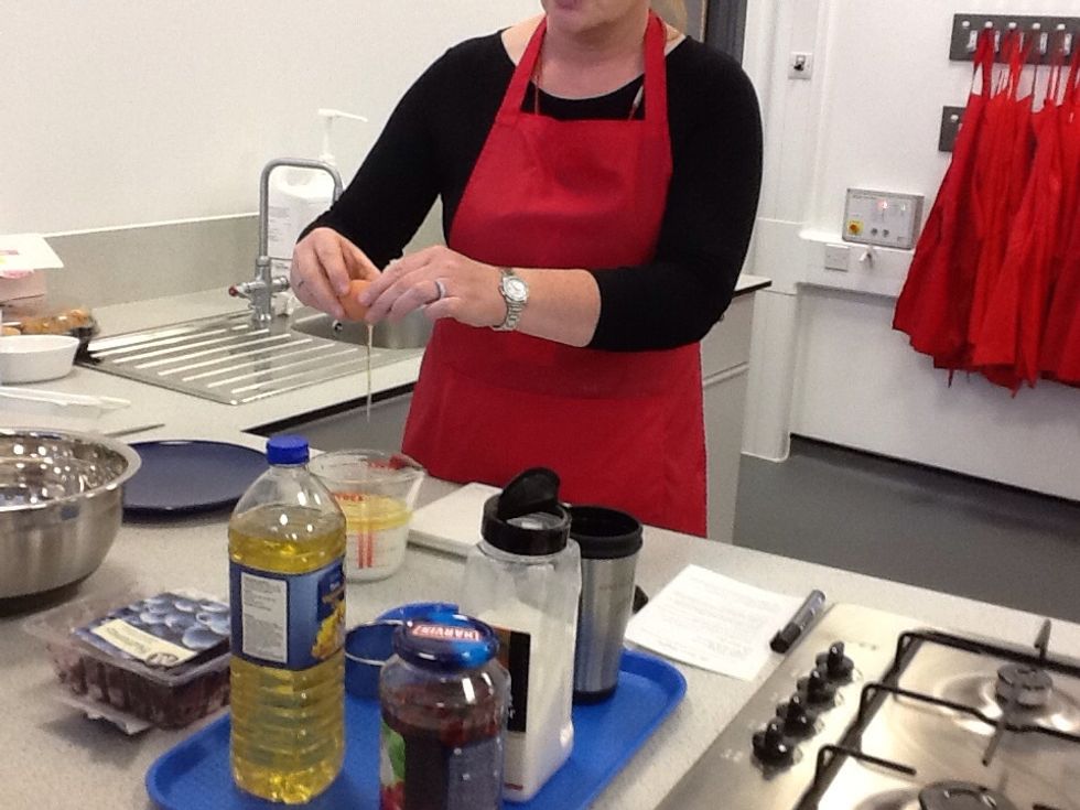 Then add the egg to the milk and oil and whisk them together