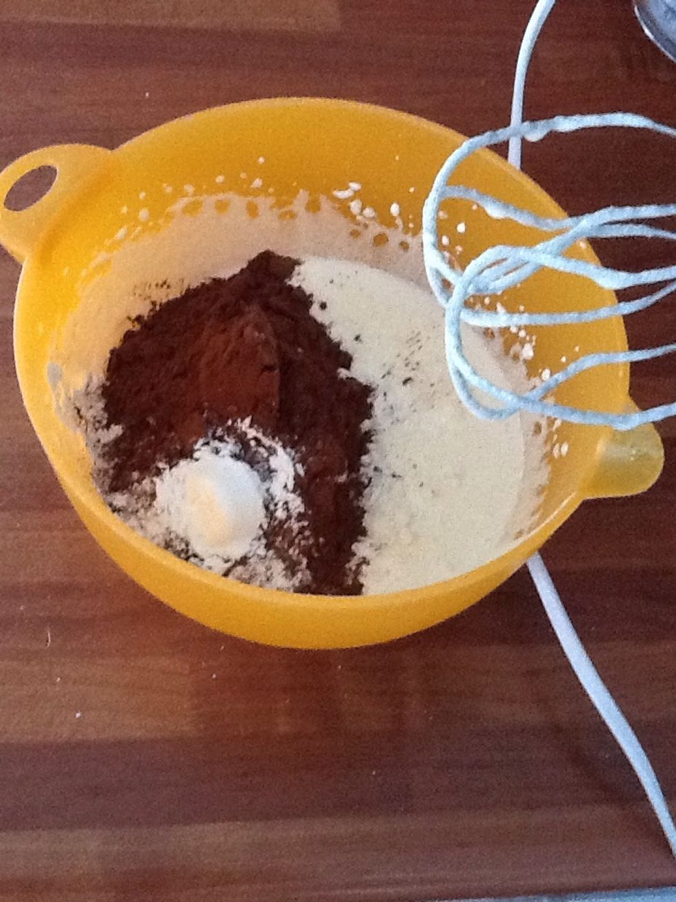 Then add the flour, cocoa powder, and vanilla sugar in the bowl and mix it together.