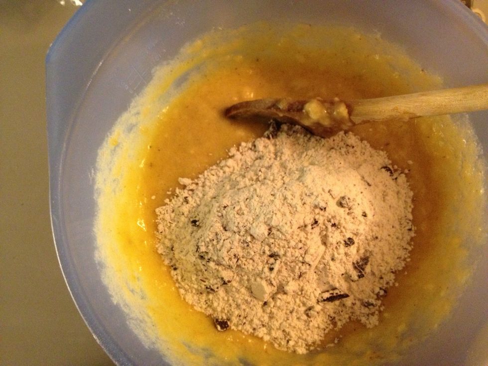 Then add the flour mix to the big bowl. Stir again.